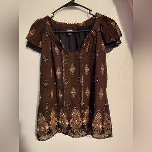 Apt. 9 Junior's Women's Short Sleeve Top Sheer Tie Neck Size Small Brown/Black